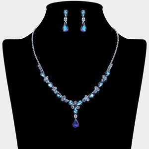 Elegant Tear Drop Blue Necklace and Earring Set Prom Formal Evening